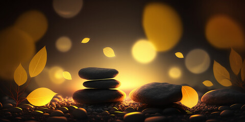 Ultimate healing power, black glowing healing stones in beautiful nature scene, yellow and gold blur background, bokeh, peaceful and calm.
