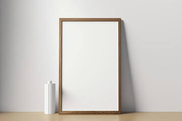 Vertical wooden poster or photo frame mockup that is contemporary and minimalist witrh interior with Generative AI technology