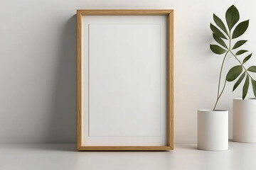 Vertical wooden poster or photo frame mockup that is contemporary and minimalist witrh interior with Generative AI technology