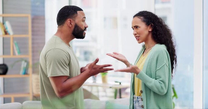 Couple, angry in fight and problem, frustrated people at home and relationship fail, broken trust and argument. Commitment issue, anger and man with woman, cheating and toxic with disagreement