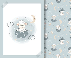 Kawaii Cute sheeps on a cloud and stars. Cartoon card and seamless pattern set. Hand drawn cute characters Cartoon Animals Background. Vector illustration