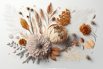 Autumn composition made of beautiful flowers on a light background. Floristic decoration