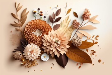 Fototapeta premium Autumn composition made of beautiful flowers on a light background. Floristic decoration