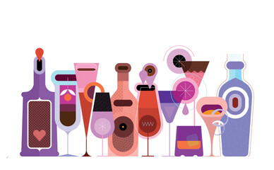 Collection of different bottles, cocktails and glasses of alcohol drinks. Flat design colour bottles and glasses is in a row on a white background, vector illustration. 