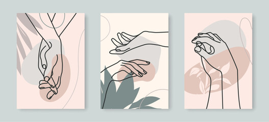 Prints Set  with Holding Hands Continuous Line Drawing. Hands Minimalist Abstract Illustration One Line Boho Style for Wall Decor, Prints, Posters. Vector Illustration