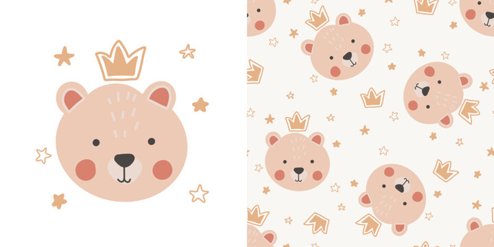 Set Little bear princess with crown seamless pattern. Cartoon. Funny baby print. Cute animal. Creative nursery wallpapers. Boho style.