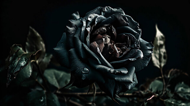 black rose with thorns. digital art illustration