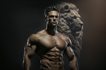 Fototapeta na wymiar A strong bodybuilder man standing in front of a lion's face, Generative AI