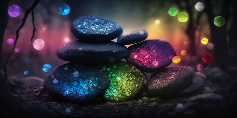 Obraz na płótnie Canvas Abstract beautiful black glowing healing stones in beautiful nature scene, colorful blur background, bokeh, peaceful and calm.