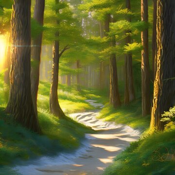 a winding path through a wooded area with sunlight streaming through the trees2, Generative AI