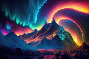 Fototapeta na wymiar Abstract mountain landscape at night with northern lights aurora borealis made with generative AI