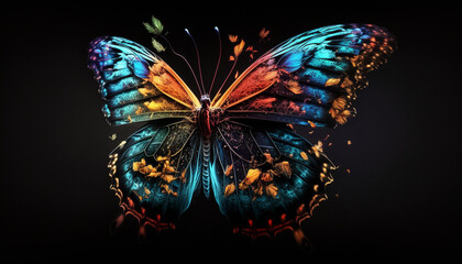 Fototapeta na wymiar Colorfull butterfly on a flower on a black background .Generative AI.