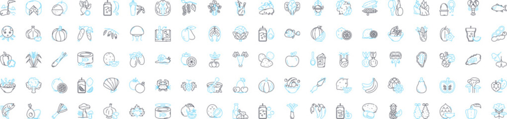 Eco food friendly vector line icons set. Eco-friendly, food, organic, sustainable, natural, green, vegetarian illustration outline concept symbols and signs - obrazy, fototapety, plakaty