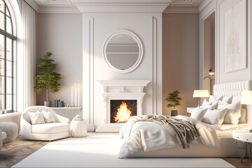 A large white bedroom with a fireplace in the corner, Generative AI
