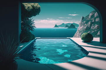 A swimming pool with a view of the ocean, Generative AI