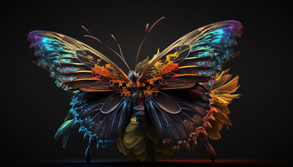 Colorfull butterfly on a flower on a black background .Generative AI.