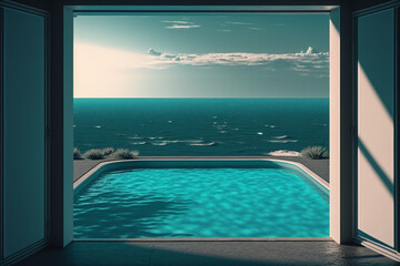 An open door leading to a pool with a view of the ocean, Generative AI