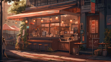 Fototapeta na wymiar coffee shop on a quiet street. digital art illustration