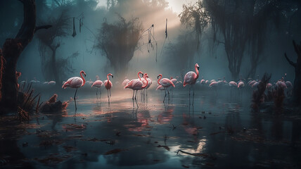 A ghostly yet mesmerizing image of flamingos in the mist swamp silent Generative AI