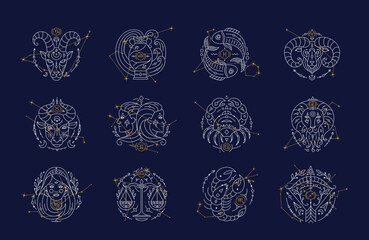 Set of twelve constellations with Zodiac symbols and constellations on blue background. Astrology horoscope signs and stars on dark blue sky thin line vector illustration