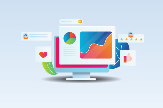 Social media analytics business performance report on social network user engagement sales marketing KPI insights information on dashboard screen, vector banner.