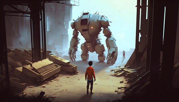 the boy walking to the broken giant robot which is being repaired in old factory, digital art style, illustration painting, Generative AI