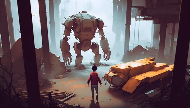 the boy walking to the broken giant robot which is being repaired in old factory, digital art style, illustration painting, Generative AI