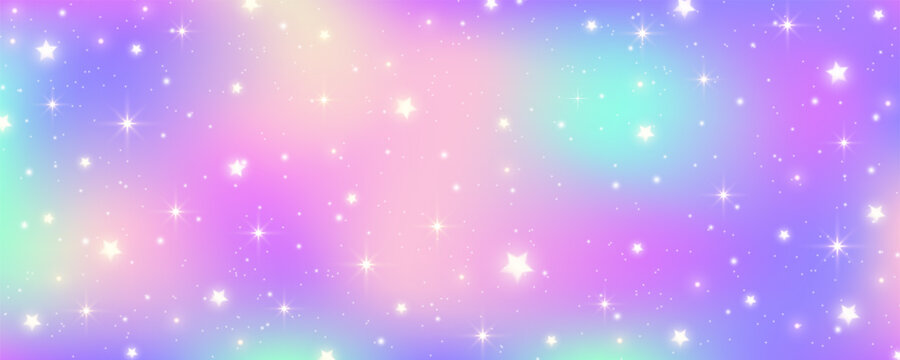 Rainbow pastel background. Unicorn sky with glittering sky. Candy galaxy with watercolor light texture. Girly cute magic wallpaper. Holographic vector abstract illustration.