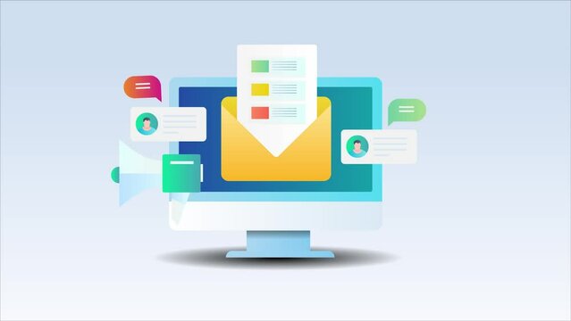 Email document with envelope computer screen, email marketing message subscribers list digital communication video animation.