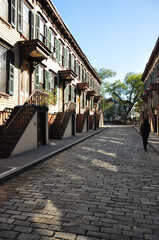 Vertical shot of historic houses in Jumel Terrace District in New York