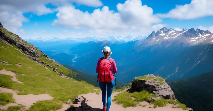 Girl with backpack hiking in mountain edge 