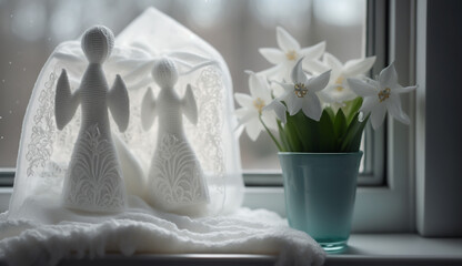 white openwork Easter figures of angels on the windowsill, a glass with spring white flowers