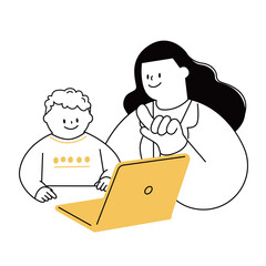 A vector illustration of a child studying on a laptop and a female teacher supporting his learning.