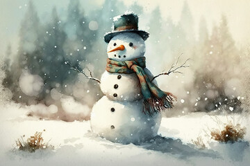 Decorated snowman on winter snowy day outdoors. Watercolor christmas illustration, generative ai