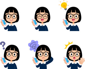 スマートフォンで通話する女の子の6種類の表情と仕草
