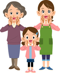 笑顔で呼びかける三世代の女性
