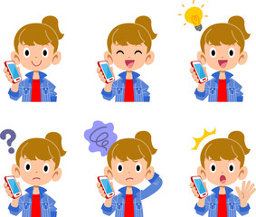 スマートフォンで通話する女の子の6種類の表情と仕草
