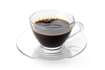 Hot coffee in a transparent glass cup isolated with clipping path on white background.