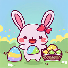 Cute kawaii cartoon Easter bunny with eggs character illustration