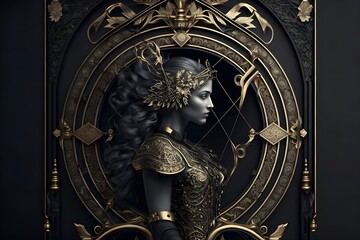 the image of the portrait of Sagittarius of the zodiac sign, gold and black, decorated with Gothic lace and precious stones, a fantasy generated by AI