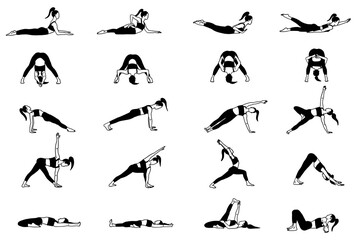 Flexibility yoga poses collection. Black and white. Female, lady, woman, girl. Meditation, pilates, mental health, training. Vector illustration in cartoon flat style isolated on white background.