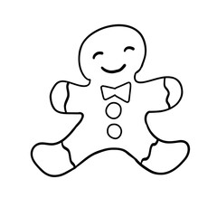 Gingerbread man in outline doodle style. Christmas and New Year cookie. Vector illustration isolated on white background.
