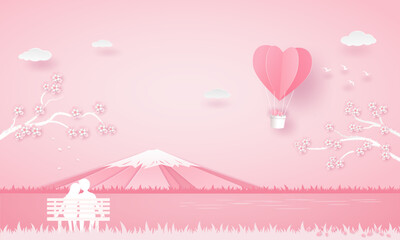 Lover sit on the chair and looking to balloon heart at reservoir which can see the Fuji mountain.
Valentine card in pink and white color.
Vector illustrator design in paper art.