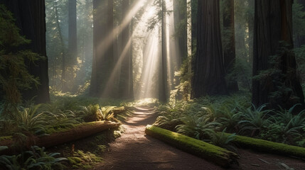 sunlight on the path in the redwood forest, light through the redwood - obrazy, fototapety, plakaty