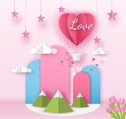 Pink origami hot air balloon in heart shape flying on the sky over the cloud and mountain in Valentine's day with pink background. Vector illustration art design in paper pop up or paper cut style. 
