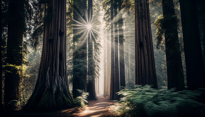 sunlight through the redwood forest in morning