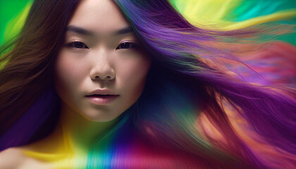 Fototapeta premium Long-haired Asian woman with gay pride rainbow hair color. Generative AI. v2.