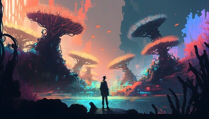 fantasy scenery of the man looking at colorful coral forest, digital art style, illustration painting, Generative AI
