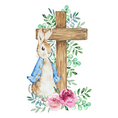 Obraz premium Watercolor Spring Peter Rabbit with flower cross