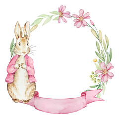 Watercolor Spring Peter Rabbit with flower frame
